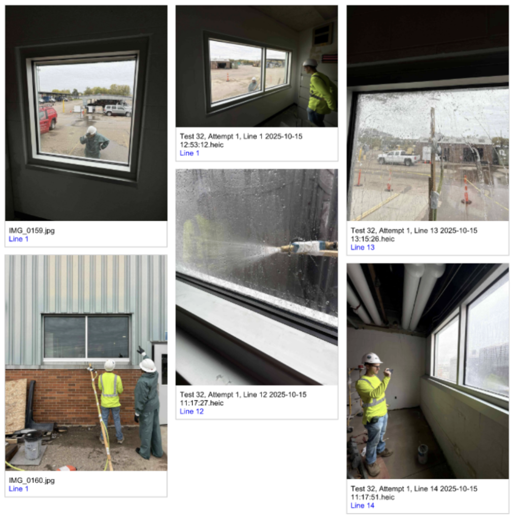 Field water testing on a window opening during a service center renovation.