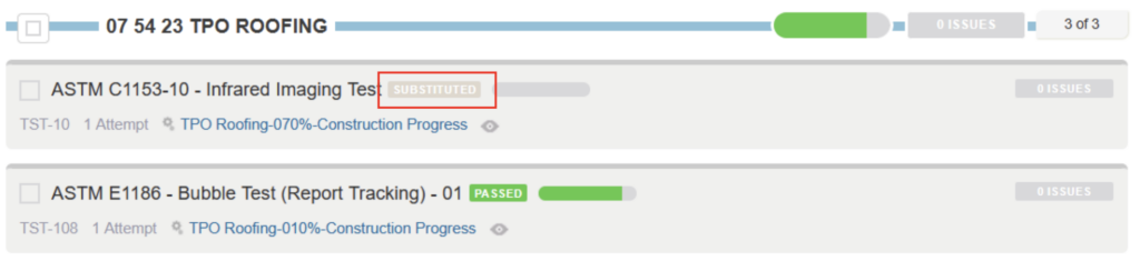 BECx tests grouped by division in CxAlloy, with a progress bar and a substituted test status.