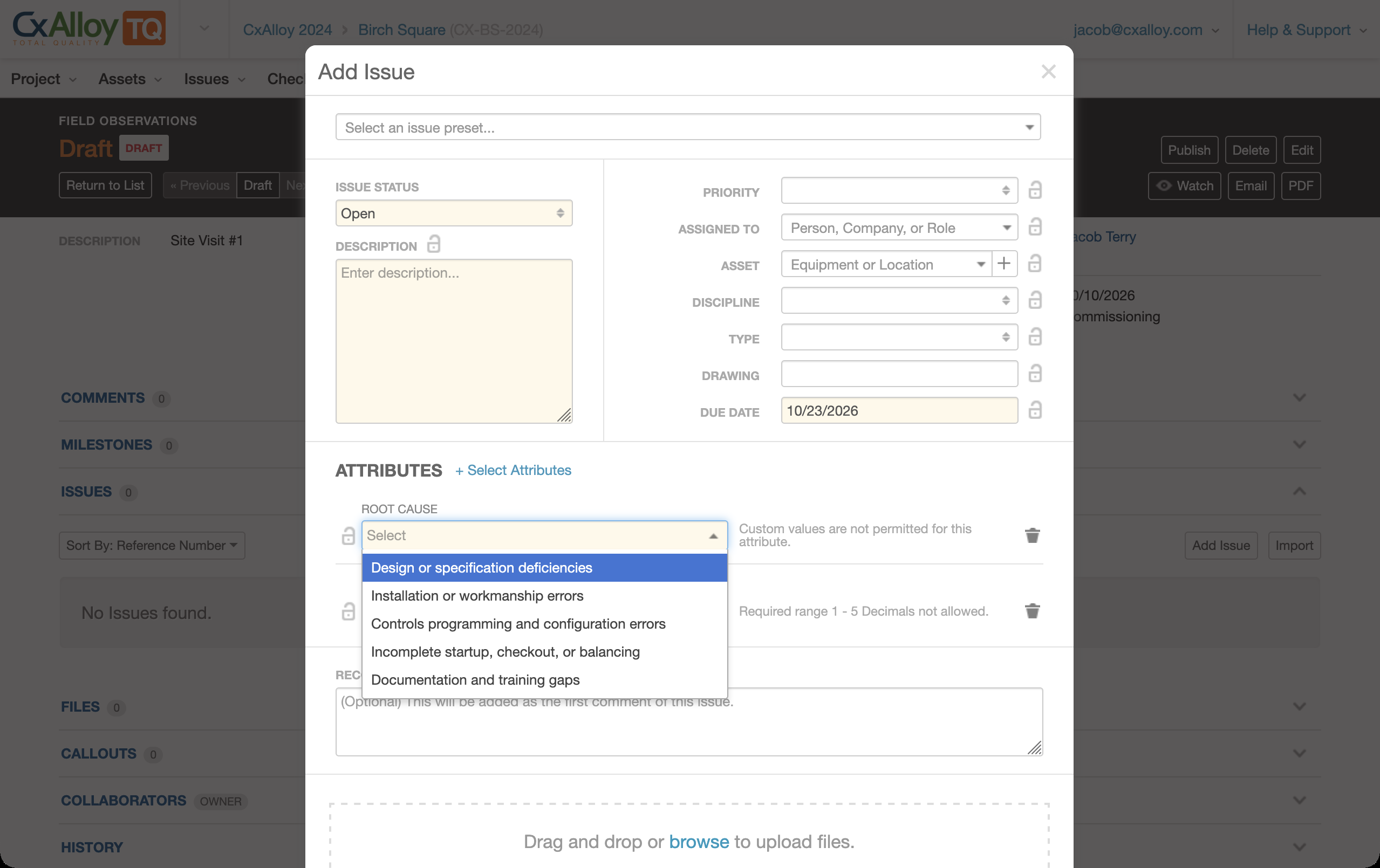 Choosing a Root Cause from the defined options when adding an issue