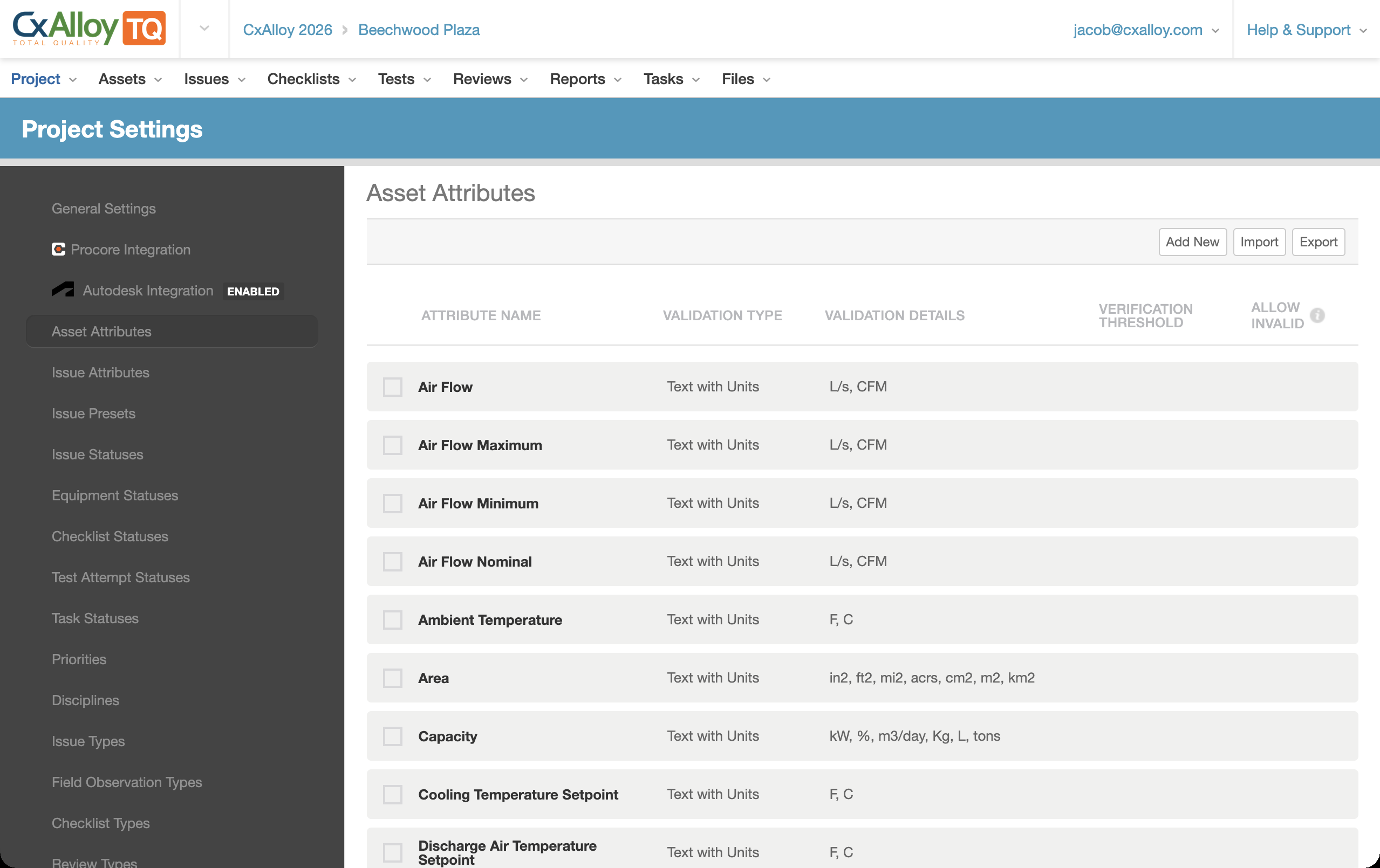 Asset Attributes list showing validation types